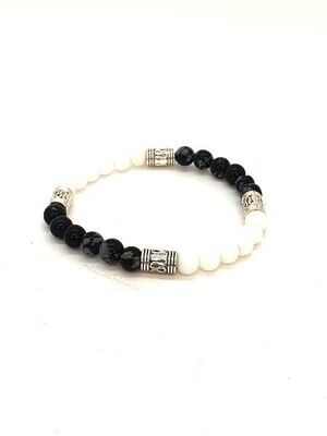 Bracelet Obsidienne Flocon de neige et céramique blanche, 6 mm