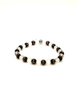 Bracelet Obsidienne Om Mani Padme Hum et cristal de roche mat, 6 mm
