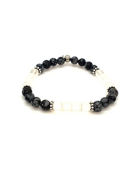 Bracelet Obsidienne flocon de neige et cristal de roche mat, 6 mm