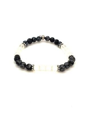 Bracelet Obsidienne flocon de neige et cristal de roche mat, 6 mm