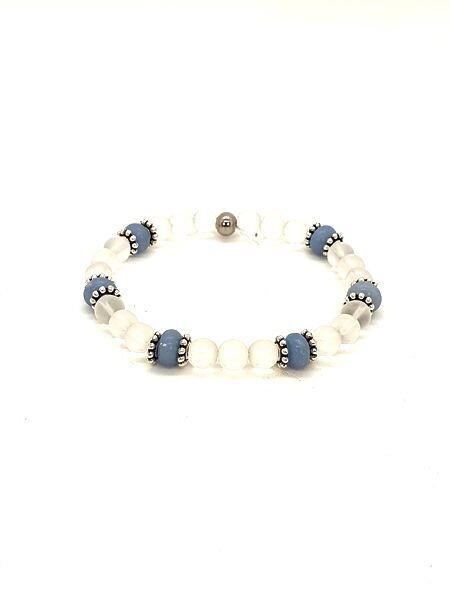 Bracelet Angélite et cristal de roche mat, 6 mm
