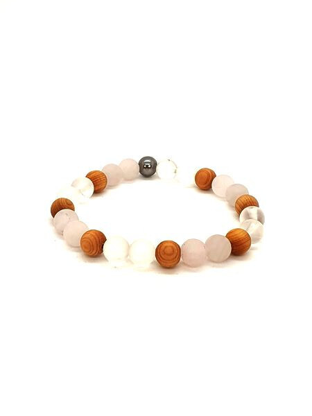 Bracelet Quartz rose, cristal de roche, mala cèdre, mat 8 mm