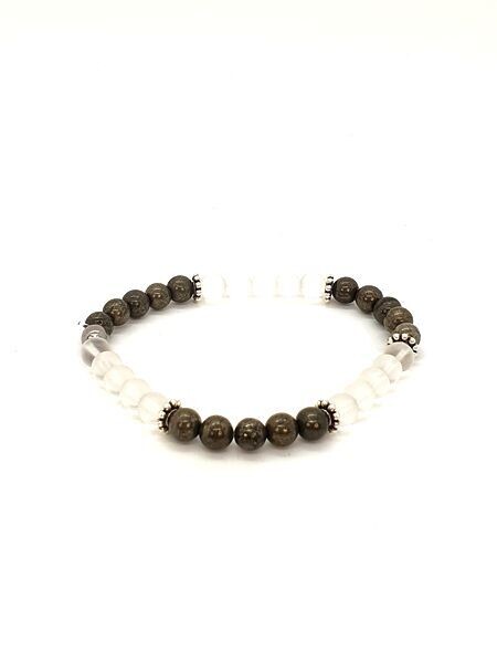 Bracelet Pyrite et cristal de roche mat, 6 mm