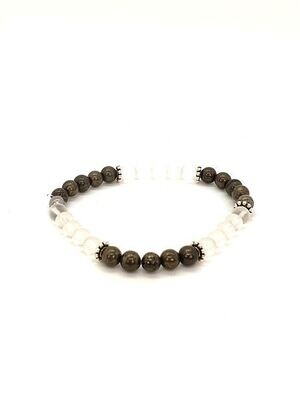 Bracelet Pyrite et cristal de roche mat, 6 mm