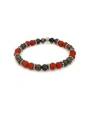 Bracelet Jaspe rouge mat et Pyrite, 6 mm