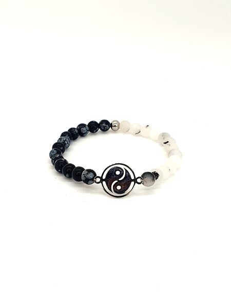 Bracelet Obsidienne Flocon de Neige et Quartz Tourmaline mat, 6mm
