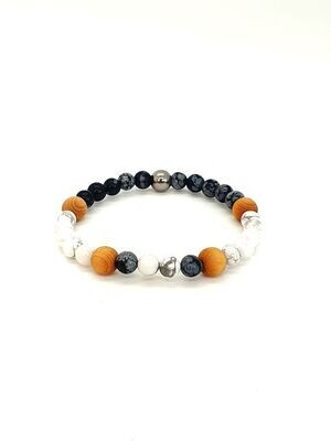 Bracelet Magnésite, obsidienne flocon de neige et perle de bois, 6 mm