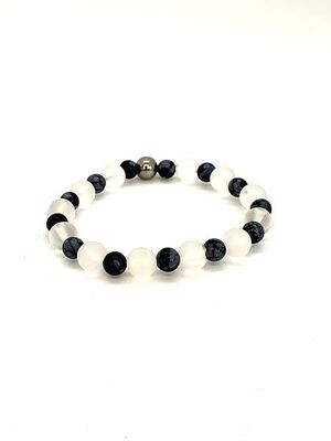 Bracelet Obsidienne Flocon de Neige et cristal de roche mat, 6 mm