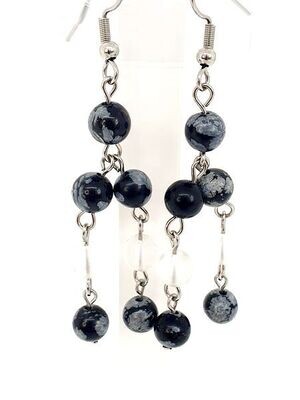 Boucles d'oreilles Obsidienne Flocon de Neige et cristal de roche, 6 mm