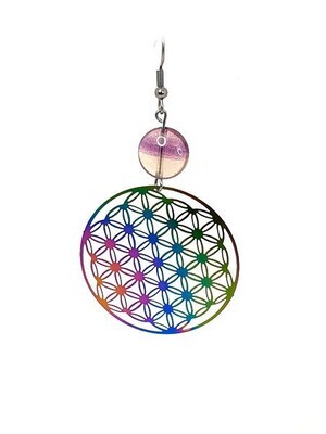 Boucles d'oreilles Fleur de Vie, fluorite disque 12 mm