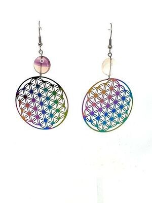 Boucles d&#39;oreilles Fleur de Vie, fluorite disque 12 mm