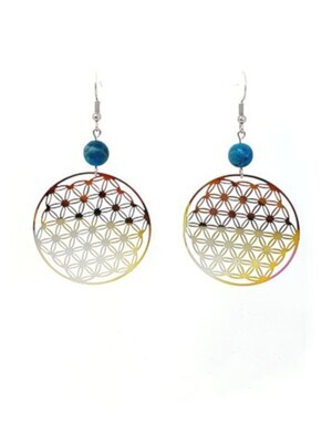 Boucles d'Oreilles Apatite mat et Fleur de Vie, 8 mm