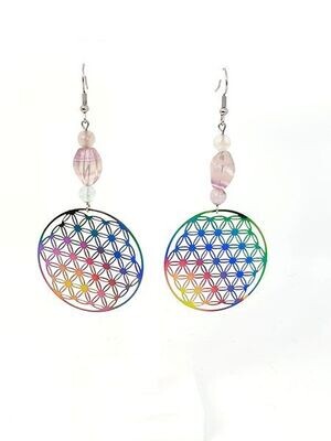 Boucles d'Oreilles Fleur de Vie, fluorite disque 12 mm et 6 mm