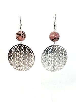 Boucles d'Oreilles Fleur de Vie Rhodonite, 14 mm