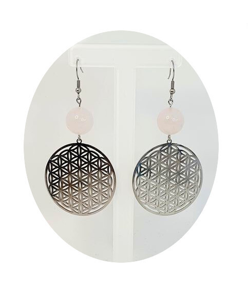 Boucles d&#39;Oreilles Fleur de Vie Quartz rose, 14 mm