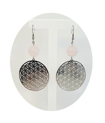Boucles d&#39;Oreilles Fleur de Vie Quartz rose, 14 mm