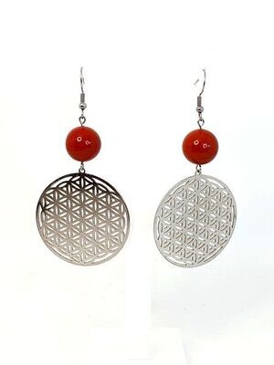 Boucles d'Oreilles Fleur de Vie Jaspe Rouge, 14 mm