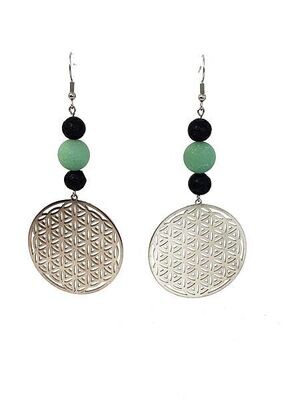Boucles d&#39;oreilles Fleur de Vie Aventurine mat et pierre de lave, 8 et 12mm