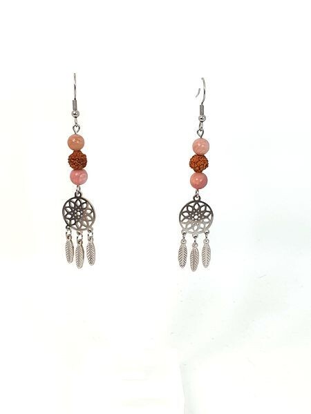 Boucles d&#39;oreilles Quartz Rose et Rudraksha, 6 et 7 mm
