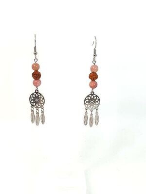 Boucles d&#39;oreilles Quartz Rose et Rudraksha, 6 et 7 mm