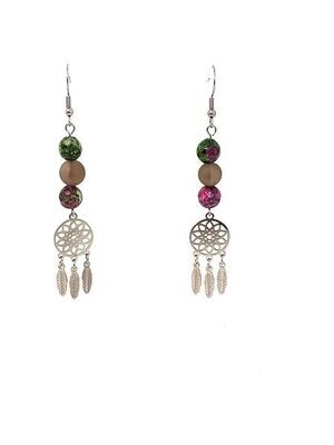 Boucles d&#39;Oreilles Serpentine colorée et Quart fumé mat, 8 mm