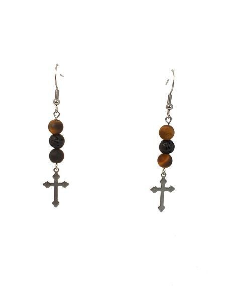 Boucles d&#39;oreilles Oeil de Tigre mat et pierre de lave, 6 mm