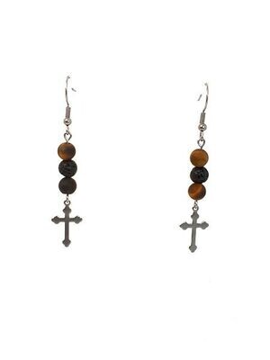Boucles d&#39;oreilles Oeil de Tigre mat et pierre de lave, 6 mm