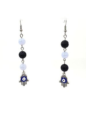 Boucles d'Oreille Calcédoine, pierre de lave, œil turc et main de fatima