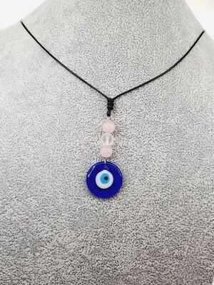 Collier Quartz rose, cristal de roche et oeil truc, 8 mm