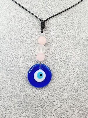 Collier Quartz rose, cristal de roche et oeil truc, 8 mm