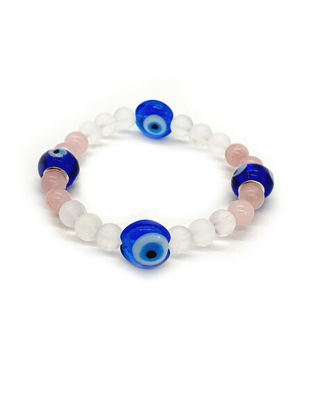 Bracelet Quartz rose, cristal de roche mat et oeil turc, 8 mm