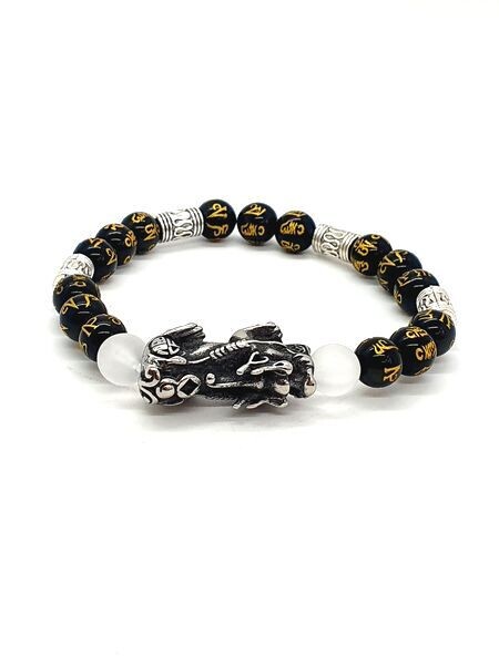 Bracelet PI XIU Obsidienne Om et Cristal de roche mat, 8 mm