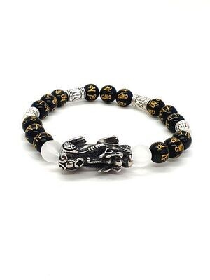 Bracelet PI XIU Obsidienne Om et Cristal de roche mat, 8 mm