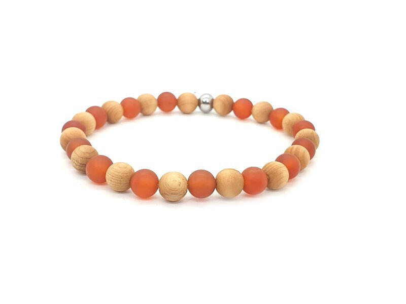 Bracelet Cornaline traitée et bois de cèdre, mat 6 mm