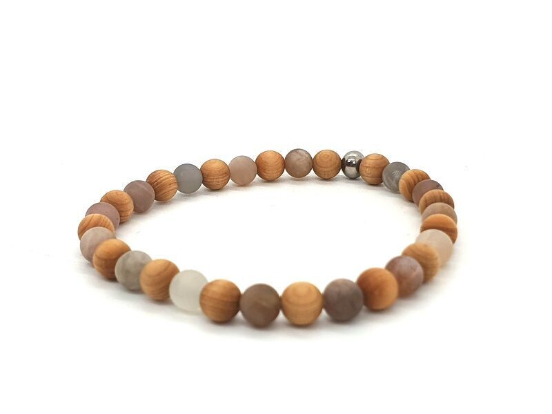 Bracelet Pierre de Lune mate et bois de cèdre, 6 mm