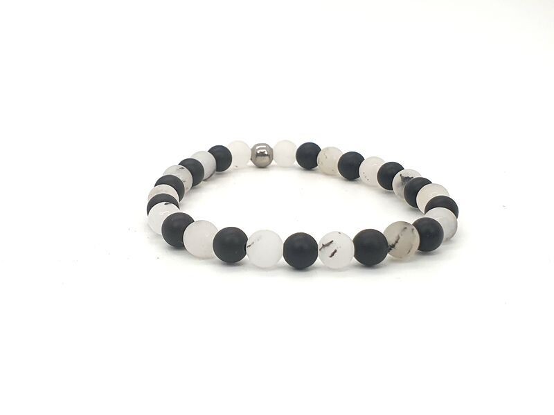 Bracelet Onyx et Quartz inclusion de Tourmaline, mat 6 mm