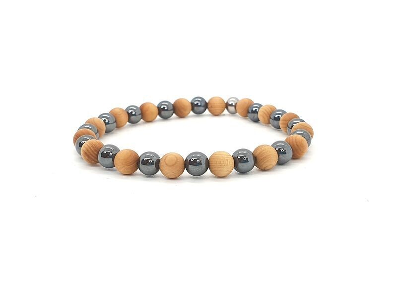 Bracelet Hématite et Mala en Cèdre mat , 6 mm