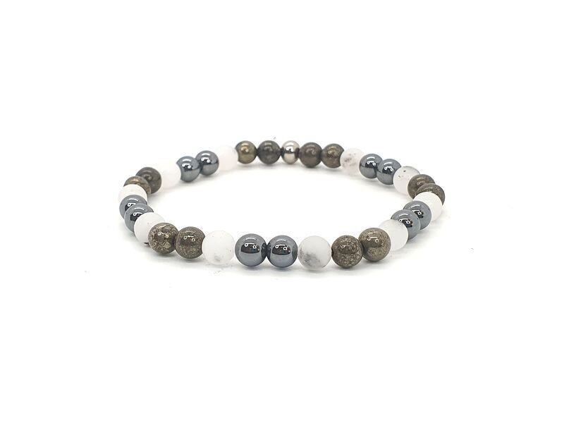 Bracelet Hématite, Pyrite et Quartz inclusion tourmaline mat, 6 mm