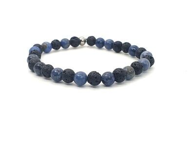 Bracelet Dumortierite et pierre de lave, 6 mm