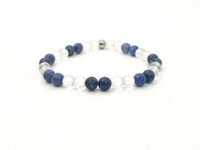 Bracelet Dumortierite et cristal de roche mat, 6 mm