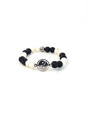 Bracelet Yin &amp; Yang, Magnésite mat et Pierre de lave, 8 mm
