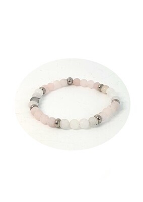 Bracelet Quartz à inclusion tourmaline mat et Quart rose mat, 6 mm