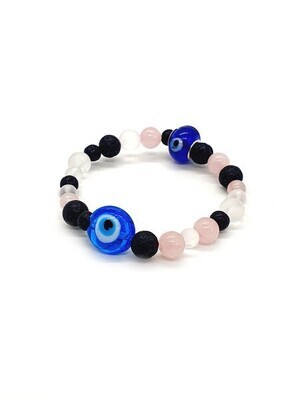 Bracelet Oeil turc et Quartz rose, cristal de roche mat, pierre de lave, 6 et 8 mm