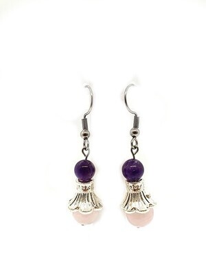 Boucles d&#39;oreilles quartz rose et améthyste, 6 et 8 mm