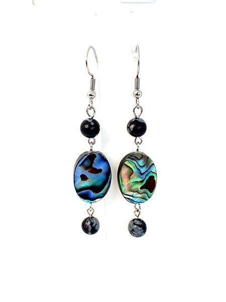 Boucles d&#39;oreilles Nacre (abalone) et obsidienne flocon de neige, 6 mm