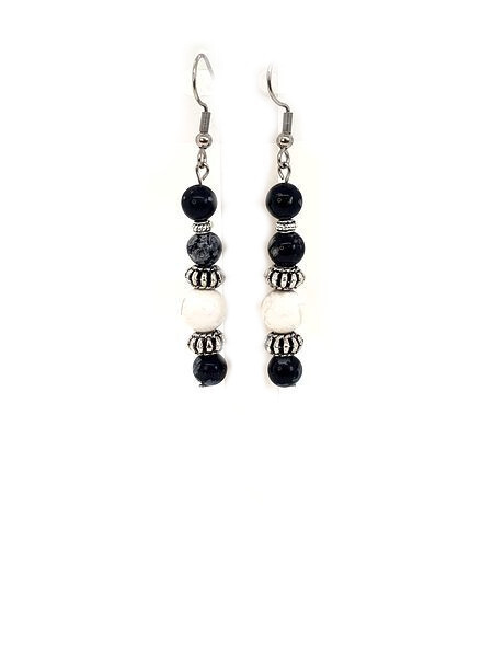 Boucles d&#39;oreilles Obsidienne Flocon de Neige 6 mm et Howlite 8mm