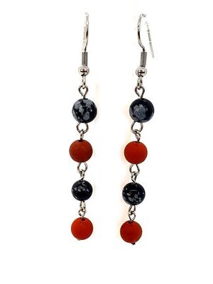 Boucles d'Oreilles Obsidienne Flocon de Neige et Jaspe rouge, 6 mm