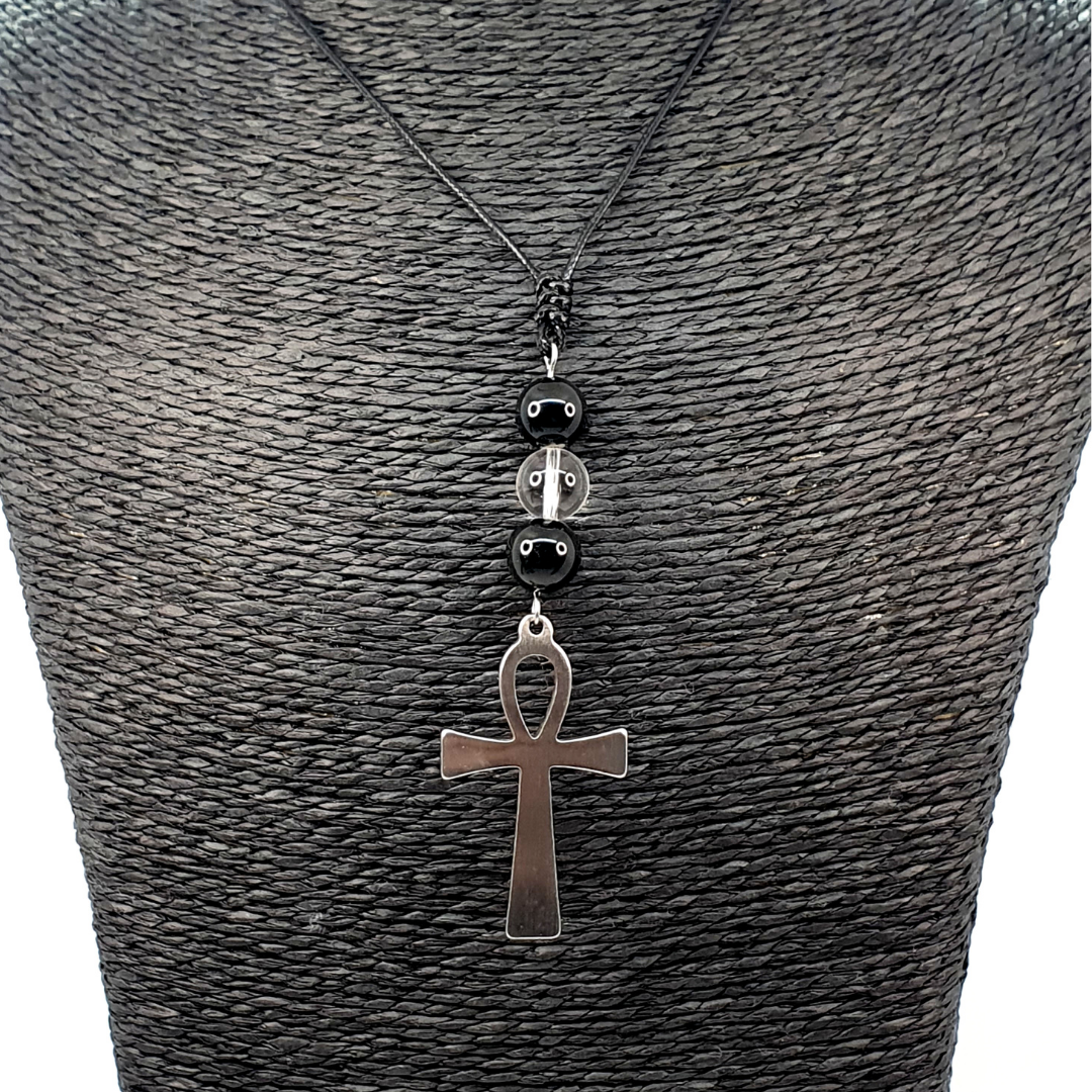 Collier Ankh - Obsidienne arc-en-ciel &amp; cristal de roche