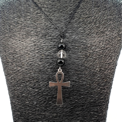 Collier Ankh - Obsidienne arc-en-ciel &amp; cristal de roche