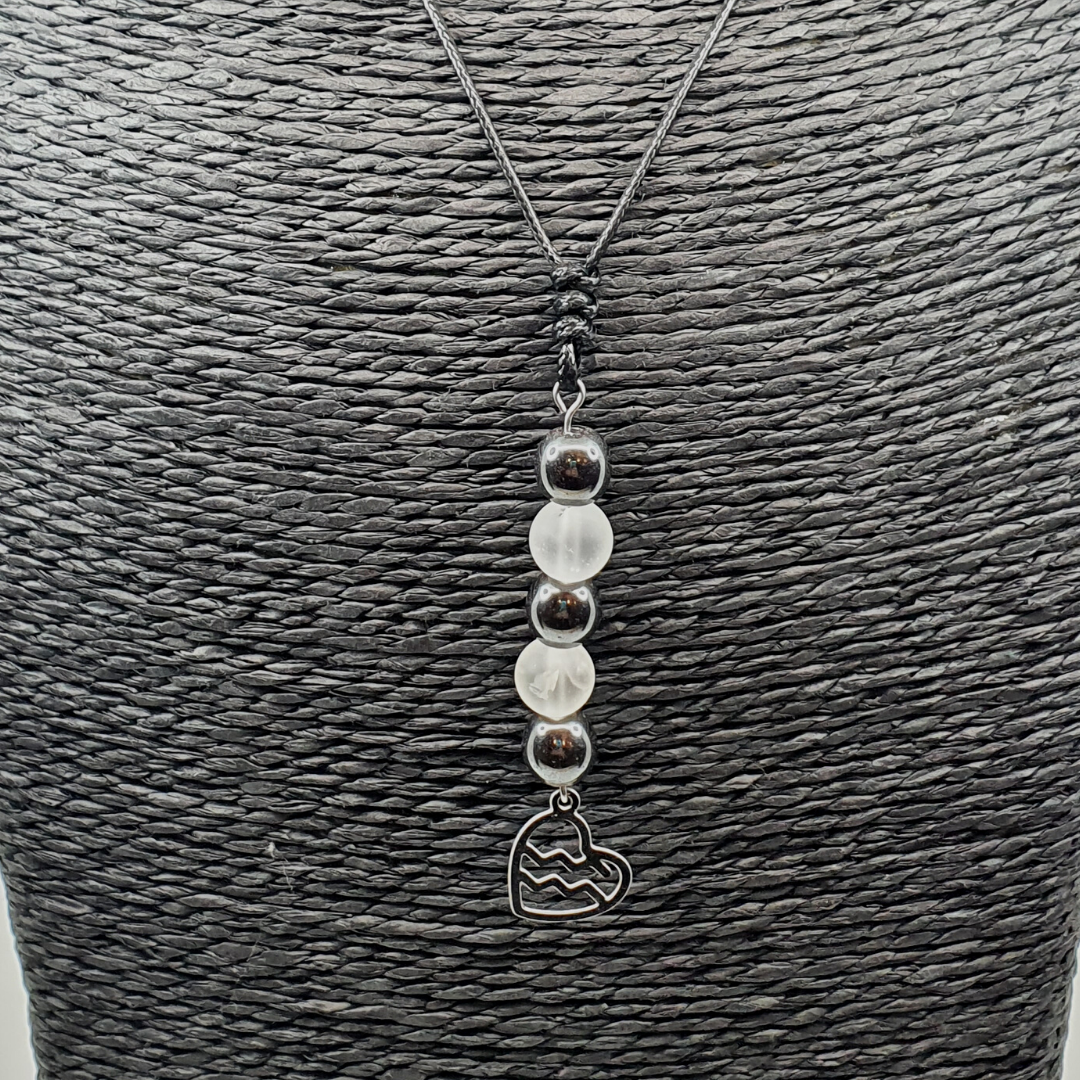 Collier Astro - Verseau - Hématite &amp; Cristal de roche mat 8 mm